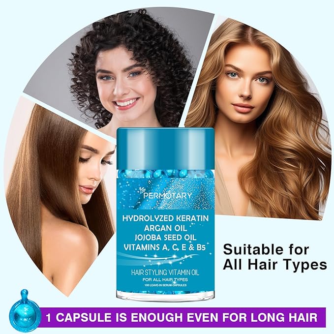100 Capsules Styling Serum With Keratin, Treatment Oil for Frizzy Hair, Serum With Vitamins A, C, E & B5, Argan Avocado Oil for All Types, Leave-in Conditioner for Women & Men
