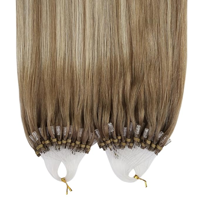 YoungSee Micro Link Hair Extensions Human Hair Ombre Microloop Hair Extensions Human Hair Balayage Light Brown with Blonde Beaded Hair Extension Cold Fusion for Long Hair 24 Inch 50s 50g
