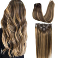 GOO GOO Clip in Hair Extensions Real Human Hair, Remy Human Hair Extensions Clip ins for Women, Natural Human Hair, 16inch 120g 7Pcs, 4/27/4 Balayage Chocolate Brown to Caramel Blonde