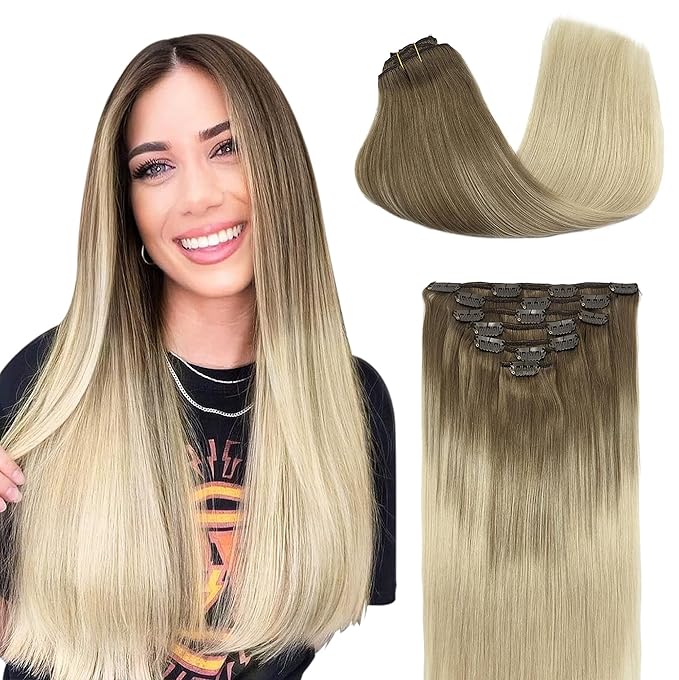 GOO GOO Clip in Hair Extensions Real Human Hair, Remy Human Hair Extensions Clip ins for Women, Natural Human Hair, 18inch 120g 7Pcs, 9/60 Balayage Ash Brown to Platinum Blonde