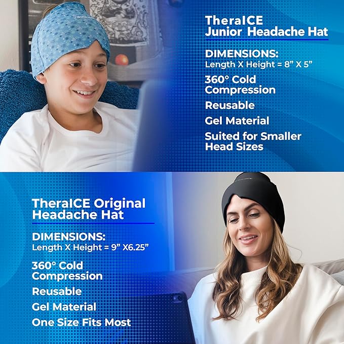 TheraICE Migraine Relief Cap Junior, Soothing Headache Boo Boo Ice Pack Mask Products, Cooling Gel Hat JR, Face Cold Compress Head Wrap for Bumps, Bruises and Cooling temperatures