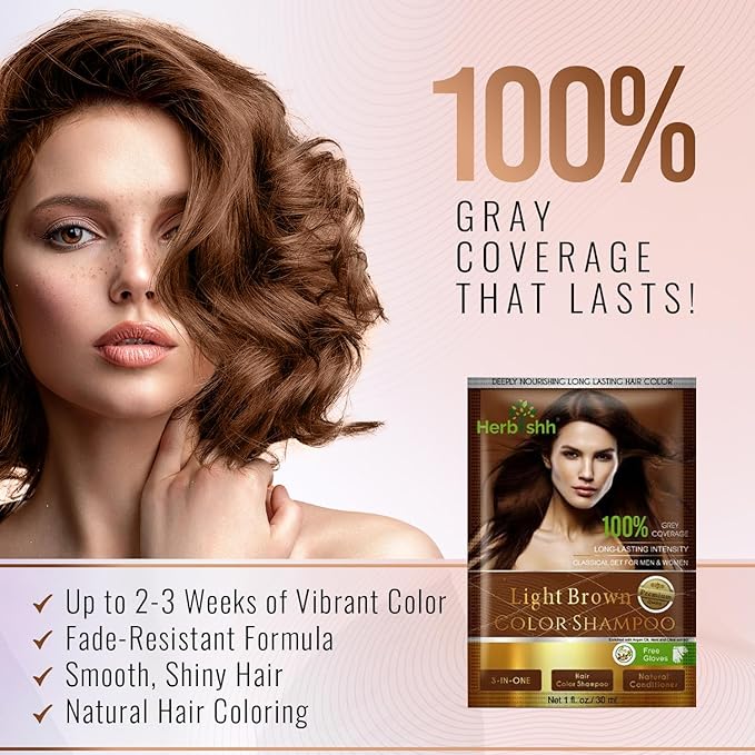 Herbishh Hair Color Shampoo for Gray Hair–Natural Hair Dye Shampoo with Argan Hair Mask–Travel size-Colors Hair in Minutes–Long lasting colour–10pack+1pack–Ammonia-Free (Light Brown)