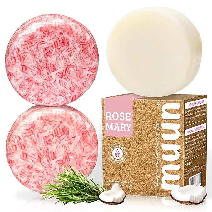 Muun Rosemary Shampoo and Conditioner Bar Set 3 - Natural Solid Hair Growth Soap Bars for Women with Straight, Curly or Thinning Hair for Anti-Hair Loss, Regrowth, pH Balanced, Sulfate & Silicone Free