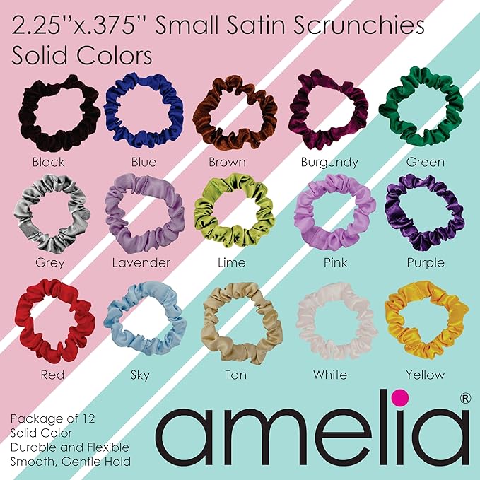 Amelia Beauty, Red Satin Small Scrunchies, 12-Pack – No Damage Hair Ties for Women, Gentle & Durable Hair Accessories, 2.5in x 0.5in
