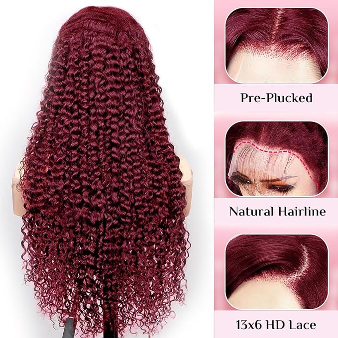 BVLBVL 38 Inch 99j 13x6 HD Lace Front Wigs Human Hair 250% Density Deep Wave Lace Front Wigs Pre Plucked Burgundy Wig Human Hair Wet And Wavy No Tangle No Shedding Triple Lifespan 3x