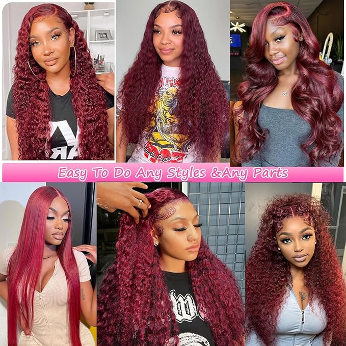 BVLBVL 38 Inch 99j 13x6 HD Lace Front Wigs Human Hair 250% Density Deep Wave Lace Front Wigs Pre Plucked Burgundy Wig Human Hair Wet And Wavy No Tangle No Shedding Triple Lifespan 3x
