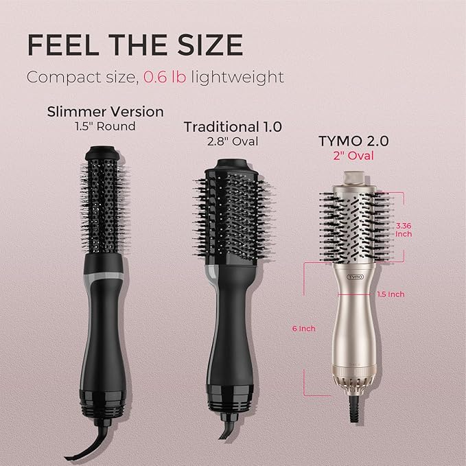 TYMO 2.0 Hair Blow Dryer Brush - Blowout Hot Air Brush, One Step Volumizer, Upgraded 2 Inch Barrel Roller Curling Styler, 3X Faster Drying, 0.6 lb Lightweight, Straightener Curling in One, Gold