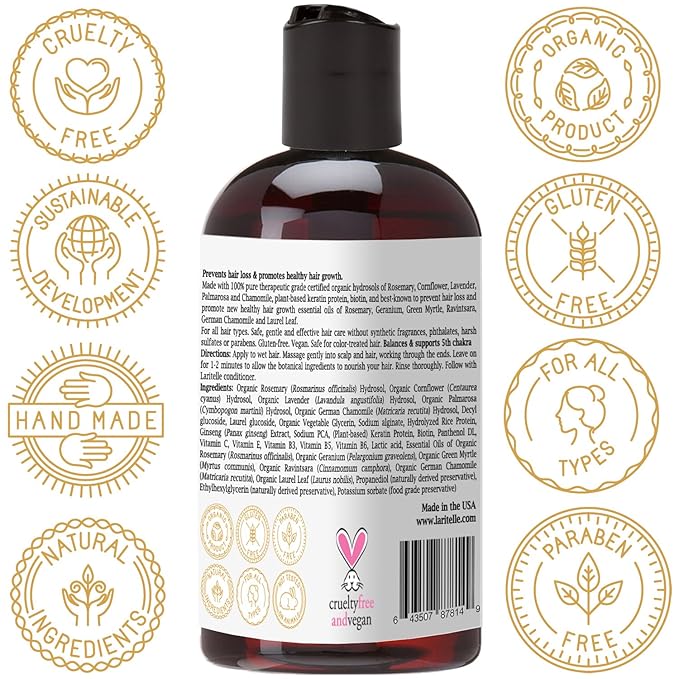 Laritelle Organic Travel Size Shampoo 2 oz | Chamomile, Geranium + Biotin+Keratin + Follicle Stimulating Rosemary, Ravintsara & Myrtle | Hair Loss Prevention, Clarifying, Softening, Strengthening | GF