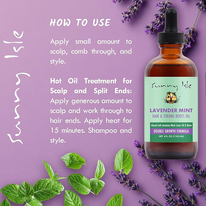 Sunny Isle Lavender Mint Hair and Strong Roots Oil 4oz | Infused with Jamaican Black Castor Oil and Biotin | Strengthen and Nourish Hair Follicles | Dry Scalp, Split Ends | Double Growth Formula