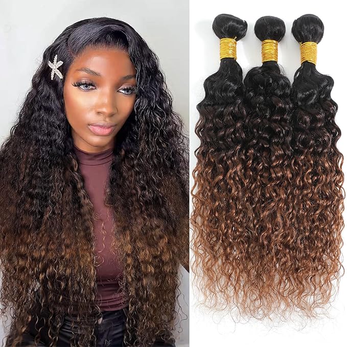 Ombre Bundles Human Hair Water Wave Chestnut Brown Ombre Water Wave Bundles T1B/2/30 Color 100% Real Human Hair Wavy Sew in Weft Weave 16 18 20 Inch