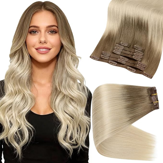 Full Shine Seamless Clip in Hair Extensions Human Hair Ombre Blonde Hair Extension Clip ins Ombre Light Brown to Platinum Blonde Hair for Women 14 Inch 8 PCS 120 Grams