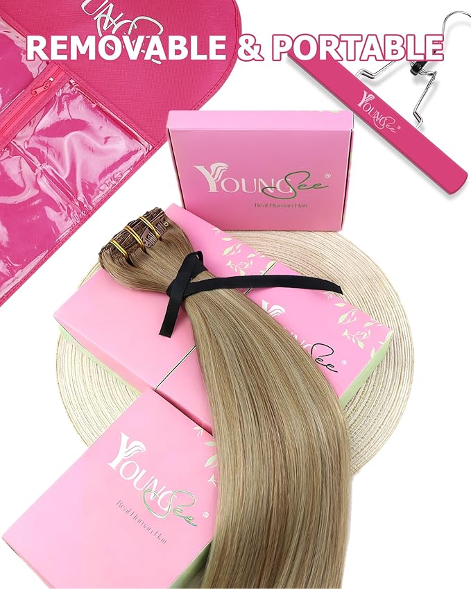 YoungSee 150g Hair Extensions Clip ins Light Brown Clip in Hair Extensions Balayage Hair Clip in Extensions Light Brown Ombre Plaitnum Blonde Highlights Dyable Remy Hair 7pcs 20inch