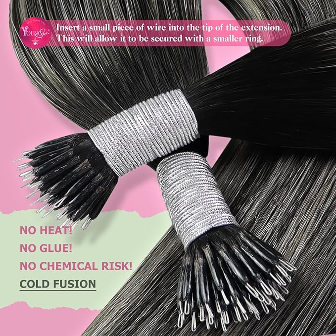 YoungSee Nano Ring Hair Extensions Black Ombre Nano Hair Extensions Real Human Hair Ombre Black to Silver Nano-Bead Hair Extension Human Hair Balayage Silver 1g/s 50g 20inch