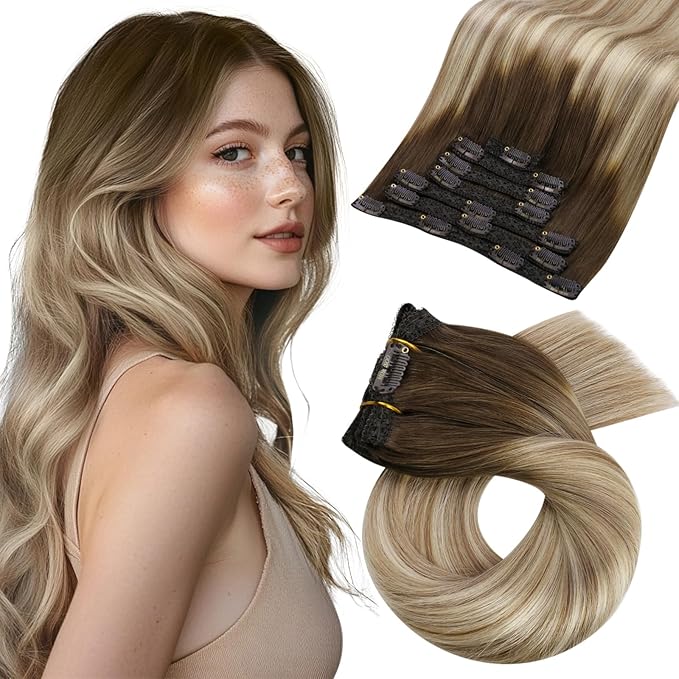Moresoo Hair Extensions Clip in Human Hair Balayage Double Weft Clip in Hair Extensions Human Hair Ombre Brown to Light Brown with Blonde 7Pieces 120Grams 16inch