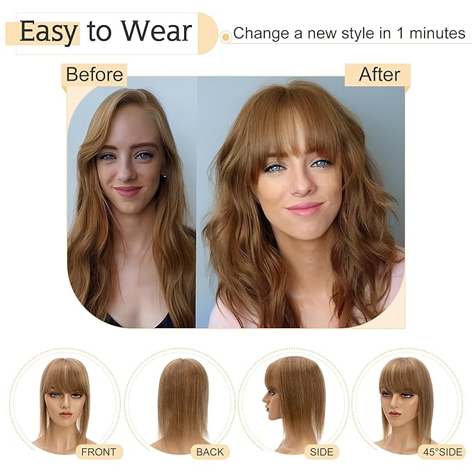 SEGO Hair Toppers for Women Real Human Hair With Bangs, 7 * 13CM Silk Base 100% Remy Human Hair Clip in Top Wiglet Hairpieces Add Volume -8 Inch Light Brown