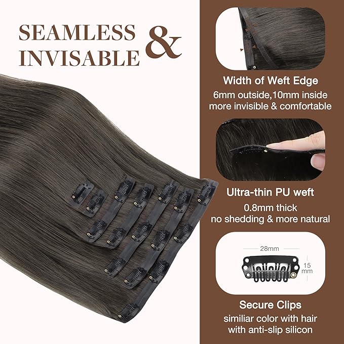 GOO GOO Clip in Hair Extensions Real Human Hair, Remy Human Hair Extensions Clip ins for Women, Natural Human Hair, 24inch 160g 7Pcs, 1C Mocha Brown