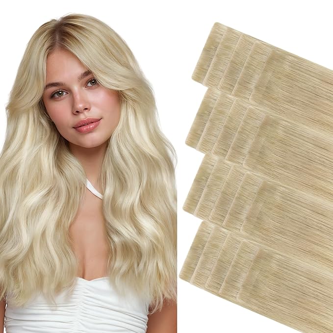GOO GOO Invisi Edge Tape in Hair Extensions Human Hair, 18ET90A Natural Blonde Balayage 20pcs 24inch 50g, Virgin Remy Hair, Seamless Injected Tape, Natural Look