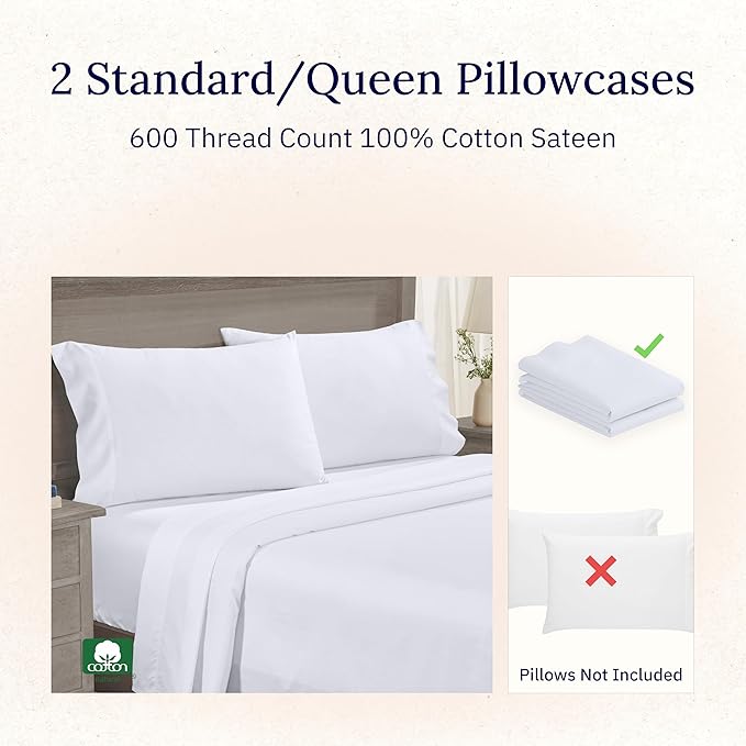 CALIFORNIA DESIGN DEN Luxuriously Soft Hotel Quality 600 Thread Count, 100% Cotton Set of 2 Cases, Crisp & Cool White Standard Pillow Cases Fits Standard & Queen Pillows (Bright White)