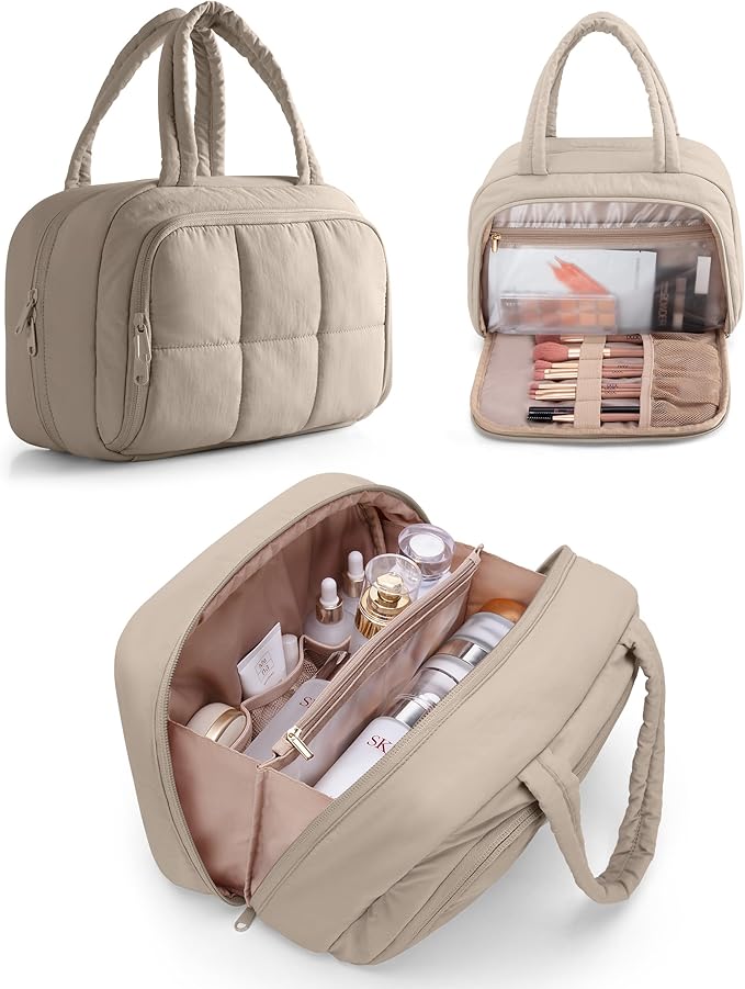 Travel Toiletry Bag for Women with Hanging Hook, Water Resistant Puffy Makeup Organizer with Leak Proof Pockets for Toiletries and Cosmetics - Khaki (Bag Only)