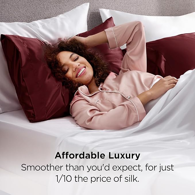 Bedsure King Size Satin Pillowcase Set of 2 - Valentine Pillow Cases for Hair and Skin with Envelope Closure, Similar to Silk Pillow Cases, Gifts for Women Men, Burgundy, 20x36 Inches, 2pcs