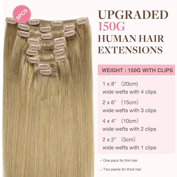 GOO GOO Clip in Hair Extensions Real Human Hair, Remy Human Hair Extensions Clip ins for Women, Natural Human Hair, 14inch 150g 9Pcs, 7 Bronde