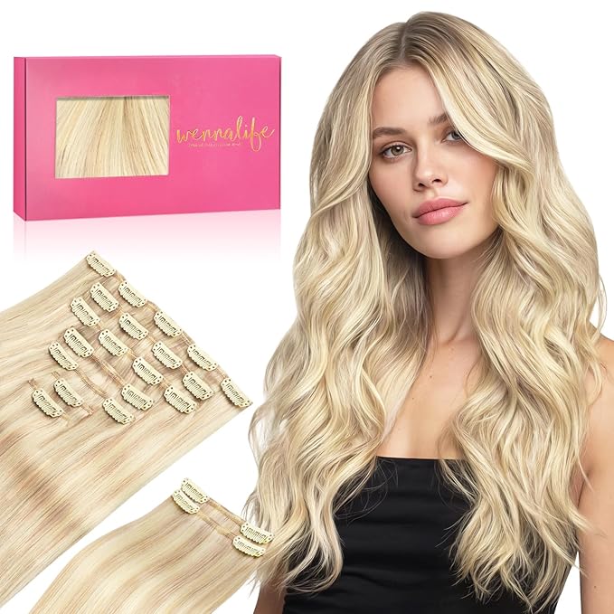 WENNALIFE Clip in Hair Extensions, 150g 16 Inch 9pcs Balayage Light Wheat Platinum Blonde Remy Hair Thicker Double Weft Extensiones De Cabello Humano Con Clip Ins Straight Full Volume
