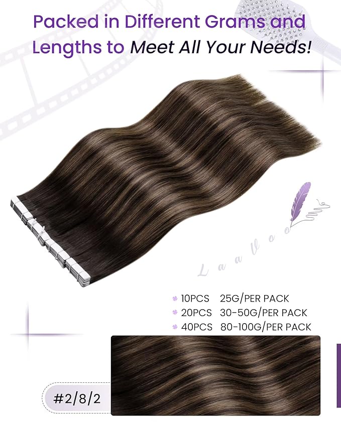 LaaVoo Tape in Extensions Human Hair Ombre Brown Tape in Extensions Human Hair Balayage Dark Brown to Light Brown Hair Extensions Tapes in Silky Straight 18 Inch 20pcs/50g
