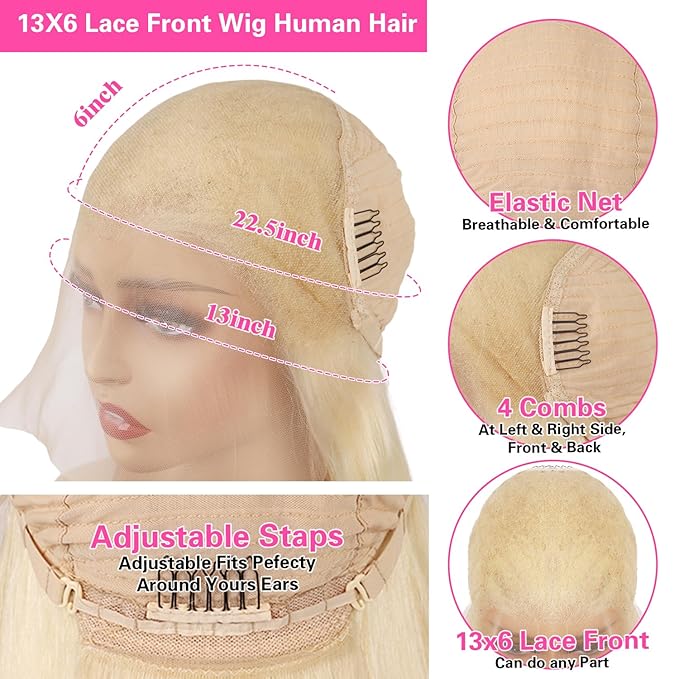 613 13x6 Lace Front Human Hair Wig - 24 Inch Straight, 200 Density, HD Transparent Lace, Blonde for Women