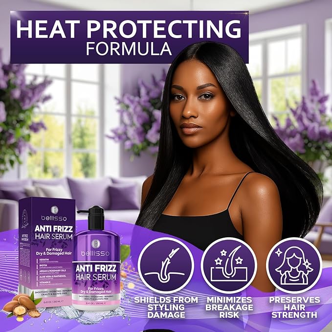 BELLISSO Anti Frizz Hair Serum for Frizzy and Damaged Hair - Humidity Treatment Control - Styling and Smoothing Products for Women and Men - 8.45 Fl Oz