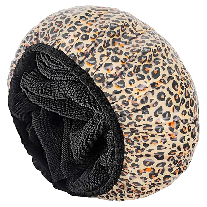 Auban Shower Cap, Shower Cap for Women Terry Cloth Lined EVA Exterior Reusable Double Layer Waterproof, Large Bath Hair Cap, Hotel Travel Essentials Accessories Cleaning Supplies (Leopard)
