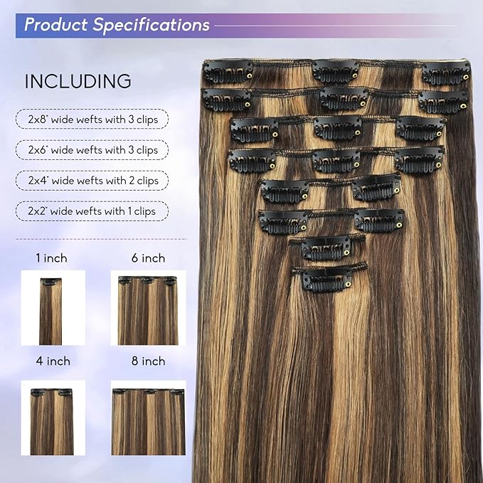 Clip in Hair Extensions Real Human Hair, 16Inch 90g, 2/6 Dark Brown to Chestnut Brown, Invisible Seamless Remy Human Hair Clip in Extensions for Women 8pcs Per Set with Double Weft