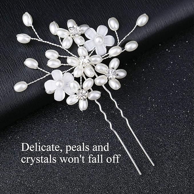 Elegant Pearl Wedding Hair Pins, Bendable Floral Crystal Hair Accessories for Bridal Women, Pack of 3 (Silver)
