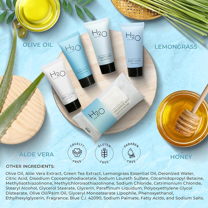 H2O Therapy Amenity Kit | Hotel Bulk Toiletries | 0.85 oz Shampoo, Conditioner, Lotion, Body Wash, Body Bar Soap for Guest Hospitality Vacation Rentals | 15 Sets/Case
