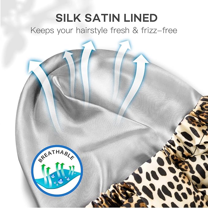 INNELO Luxury Shower Cap for Women Reusable Waterproof, Double Layered Shower Hair Cap with Adjustable Elastic Strap, Large Satin Lined Shower Bath Cap for Long Curly Straight Hair, Leopard