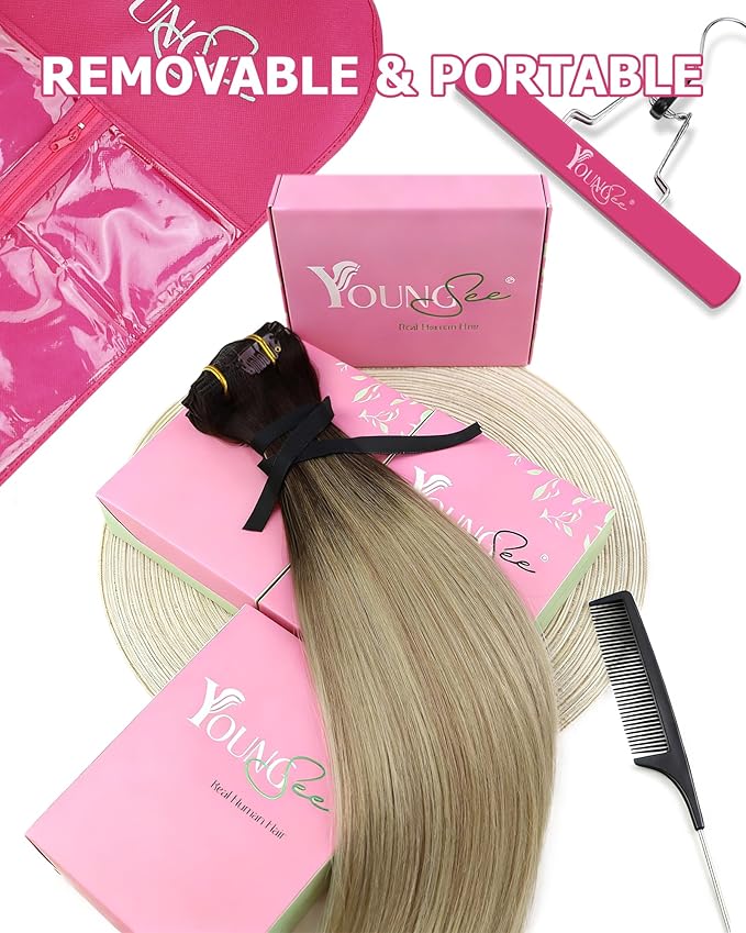 YoungSee Clip in Hair Extensions Human Hair Ombre Real Hair Extensions Clip in Human Hair Medium Brown Ombre Golden Mix Platinum Blonde Balayage Easy to Put on Clip in Hair Extension 7Pcs 24In 120G