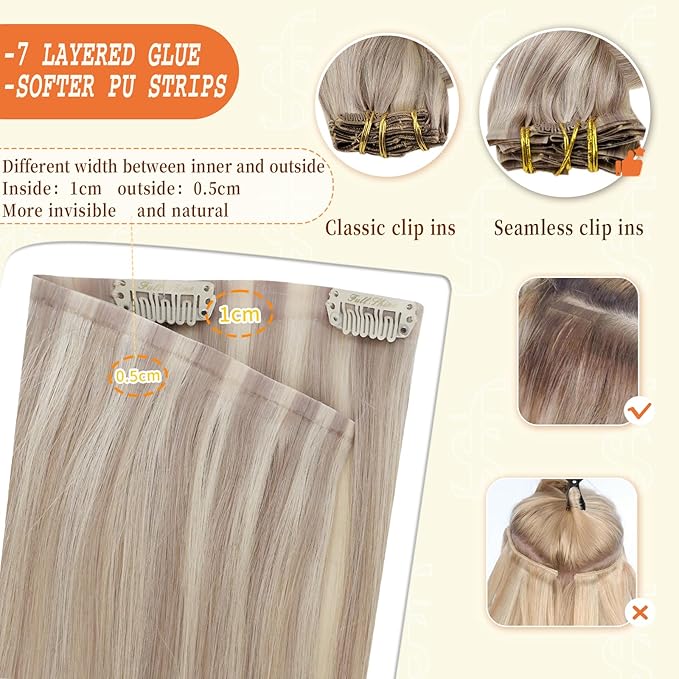 Full Shine Clip in Human Hair Extensions Highlights 20 Inch Long Ash Blonde Clip in Hair Extensions Ash Blonde Mix Bleach Blonde PU Clip ins Real Human Hair 8 PCS 120 G