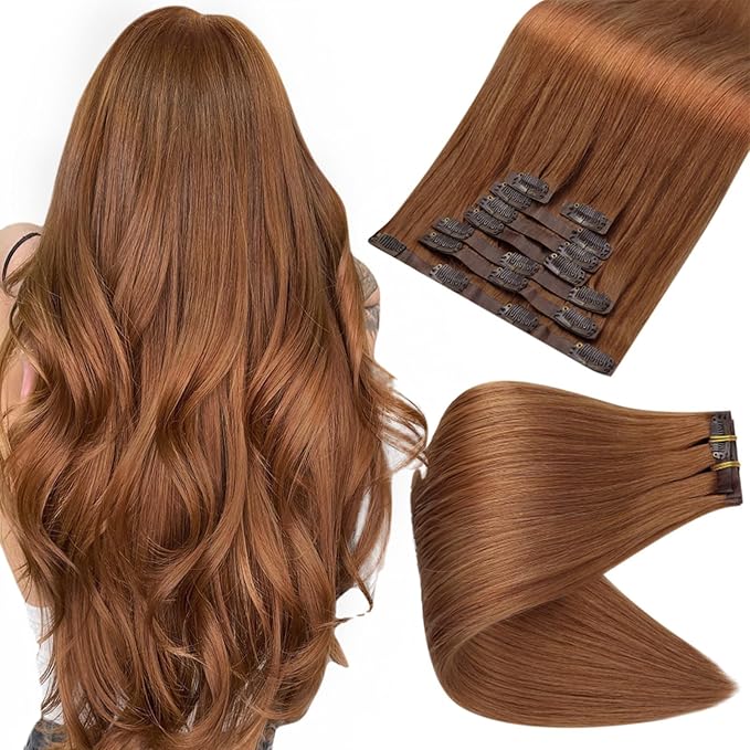 Full Shine Copper Red Clip in Hair Extensions 16 Inch Real Human Hair Natural Straight Pu Weft Auburn Brown Brazilian Hair Clips Healthy Ends 8 Pcs 120 Grams