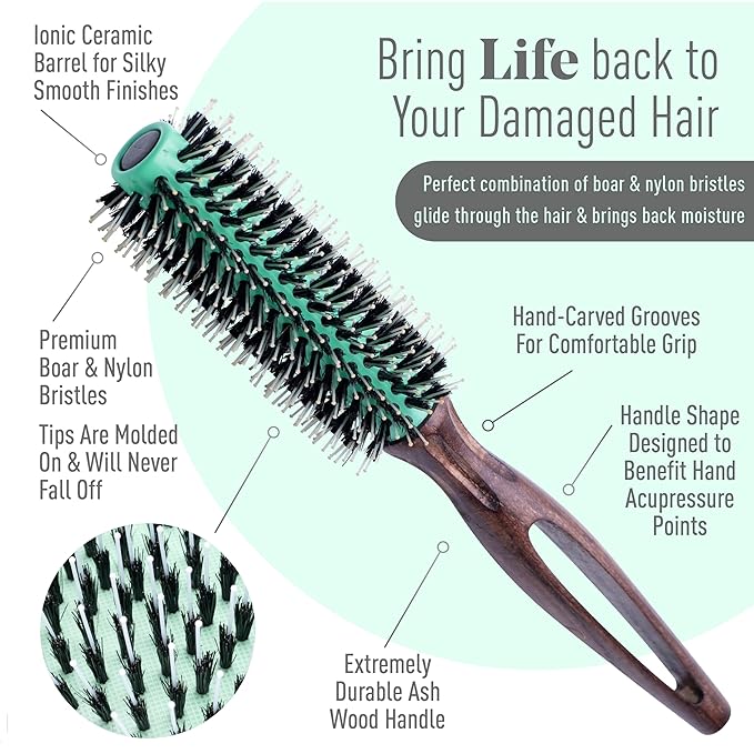 MINT Eco-Friendly Boar Bristle Round Brush for Blow Drying | Durable Blowout Styling for All Hair Types | Ceramic Round Brush with Hand-Crafted Wooden Handle (20 mm)