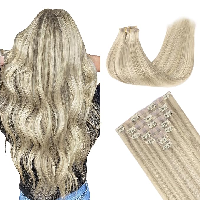 GOO GOO Clip in Hair Extensions Real Human Hair, Remy Human Hair Extensions Clip ins for Women, Natural Human Hair, 16inch 130g 7Pcs, 17A/60A Ash Blonde Highlighted Platinum Blonde