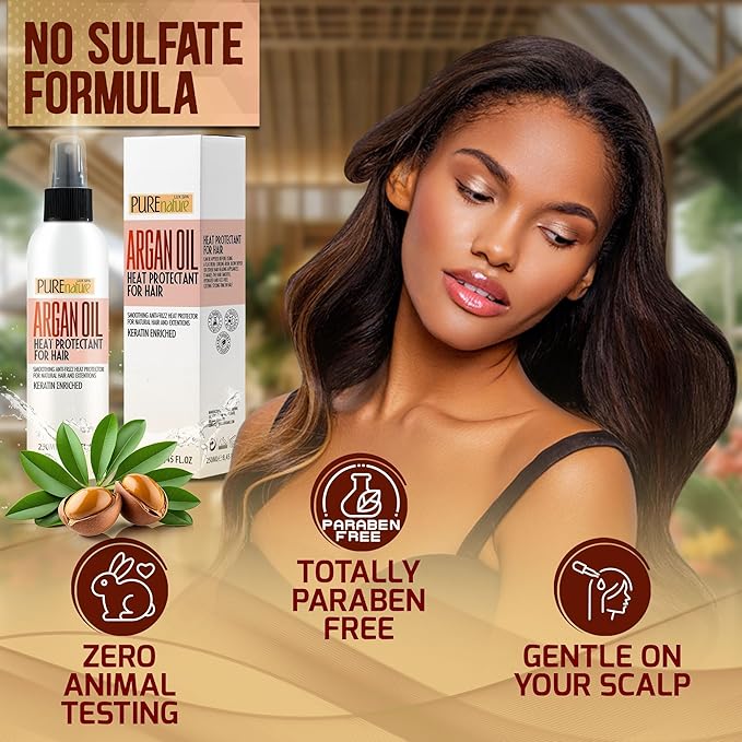 Moroccan Argan Oil Heat Protectant Spray for Hair - Leave In Thermal Guard against Flat Iron, Straightener and Blow Dry Damage - Hydrating Anti Frizz Control for Straight, Black and Curly Locks