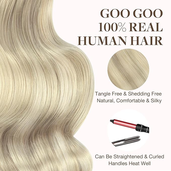 GOO GOO Tape in Hair Extensions Human Hair, 17A/60A Ash Blonde Highlighted Platinum Blonde, 20inch 50g 20pcs, Skin Weft Seamless Invisible, Silky Straight with Thick Ends, Remy Human Hair
