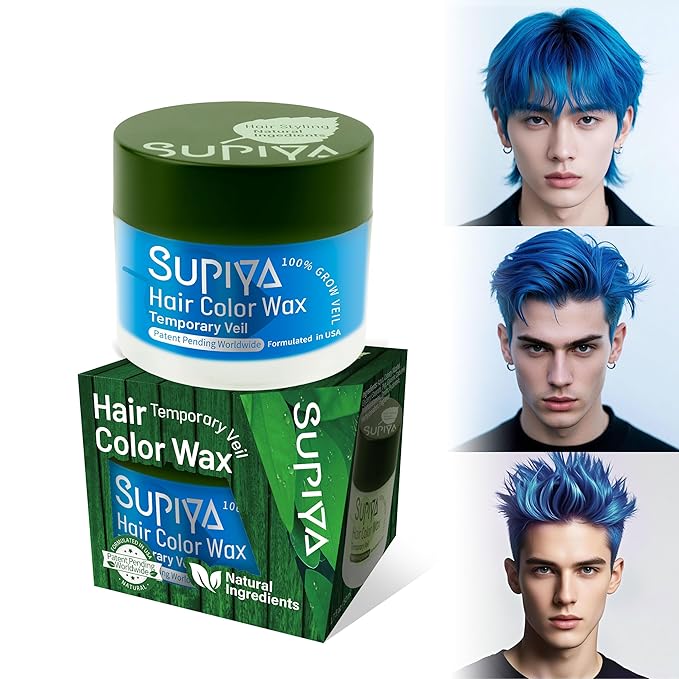 Temporary Hair Color Wax for Men - SUPIYA Washable Hair Wax Color, All-Day Hold Disposable Hair Wax for Party, Cosplay & Daily (Marine Color #7)