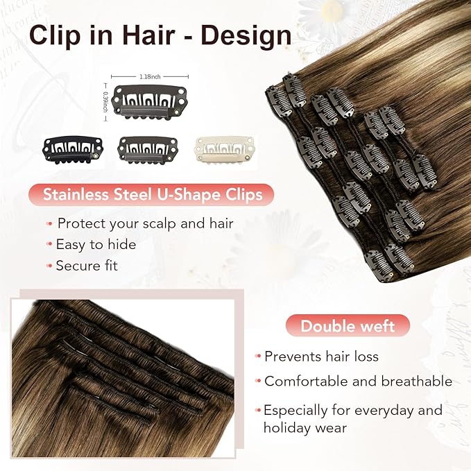 XDhair Clip in Hair Extensions 100g 6pcs 14 Inch Chocolate Brown to Caramel Blonde Real Human Hair Clip in Extensions Silky Straight for Women(14inch, #4/27/4)
