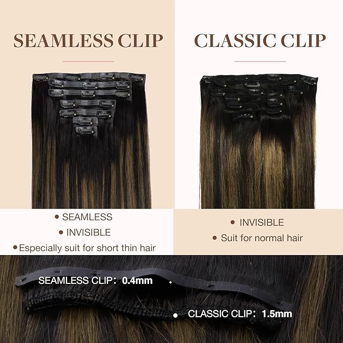 GOO GOO Clip in Hair Extensions Real Human Hair, Remy Human Hair Extensions Clip ins for Women, Natural Human Hair, 22inch 110g 7Pcs, 1B/6/1B Balayage Natural Black to Chestnut Brown