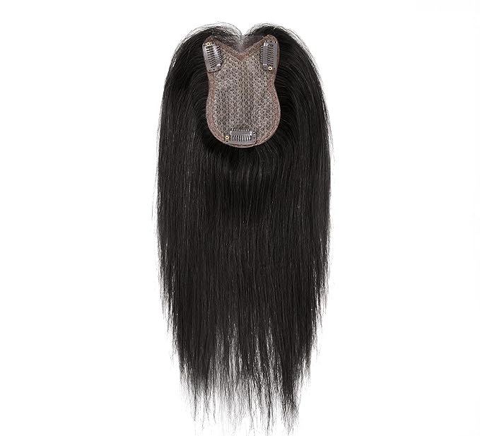 8x11cm Breathable Hair Topper, 12 inches 35g 120% Density Real Human Hair, 3 Non-Slip BB Clips, Wearable on Left, Right & Middle Part, Versatile Styling for Hair Loss & Volume Boost (Black)