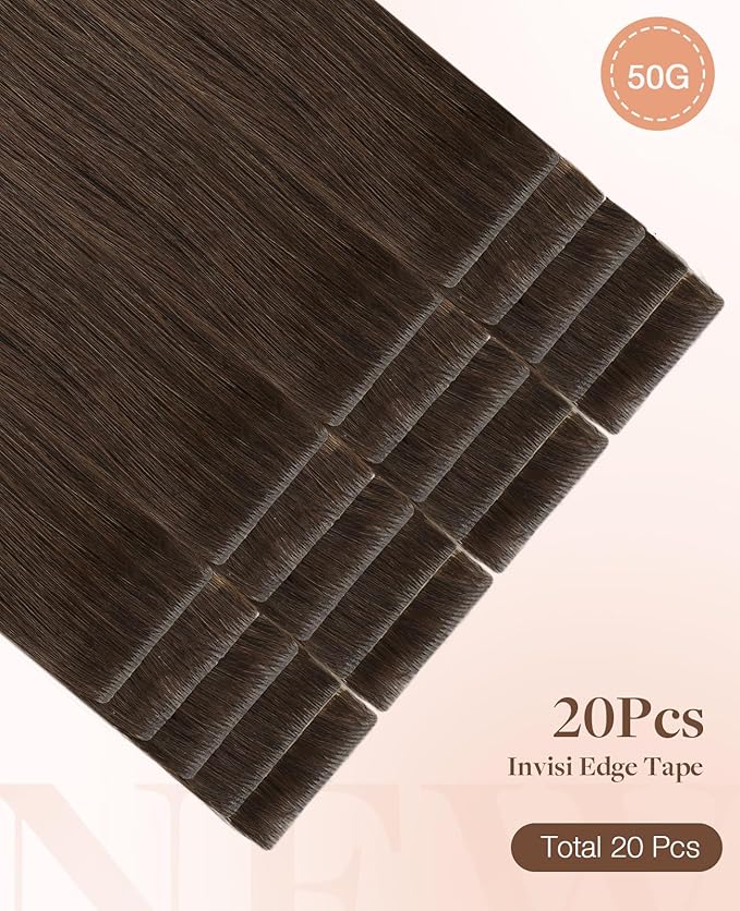 GOO GOO Invisi Edge Tape in Hair Extensions Human Hair, 4A Chocolate Brown 20pcs 22inch 50g, Virgin Remy Hair, Seamless Injected Tape, Natural Look