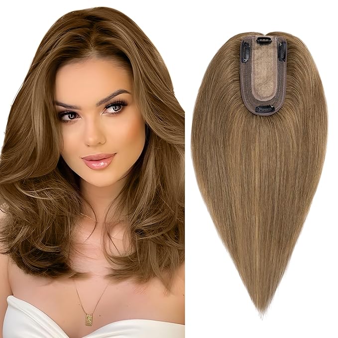 SEGO Real Human Hair Topper for Women, No Bangs Hair Topper with Anti-Slip Clips (14 Inches Light Brown)