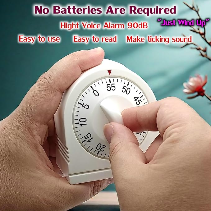 60 Minute Wind Up Timer, Visual Mechanical Timer with Loud Alarm, Manual Countdown Timers for Classroom, Home, Study and Cooking (White)