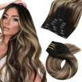 Moresoo Clip in Hair Extensions Balayage Double Weft Human Hair Clip in Extensions Ombre Black to Brown Mixed with Caramel Blonde 7pcs 120Grams 20inch