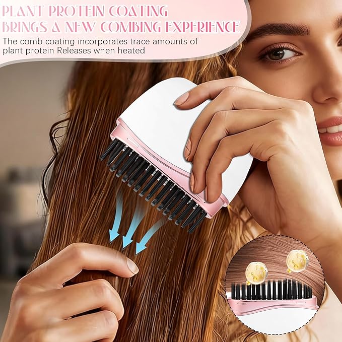 Mini Straightener,Mini Hair Straightener for Women,New Rechargeable Wireless Portable Hair Straightener Brush,Rapid-Heat with Three Temperature Controls,Heat-Resistant Shell Travel Comb (Pink)